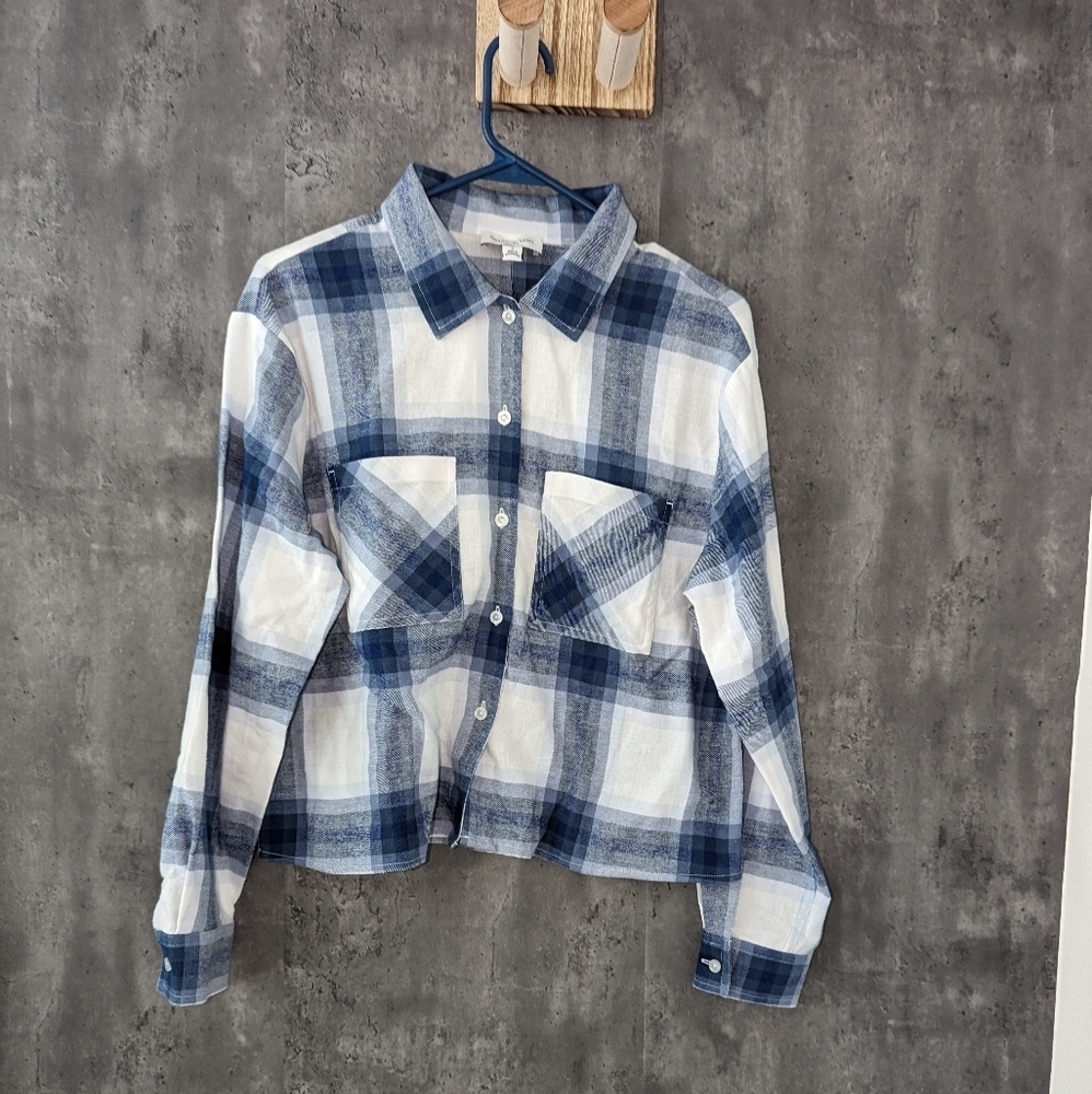 NWT Marc NY Blue white plaid lightweight cropped button down relaxed fit